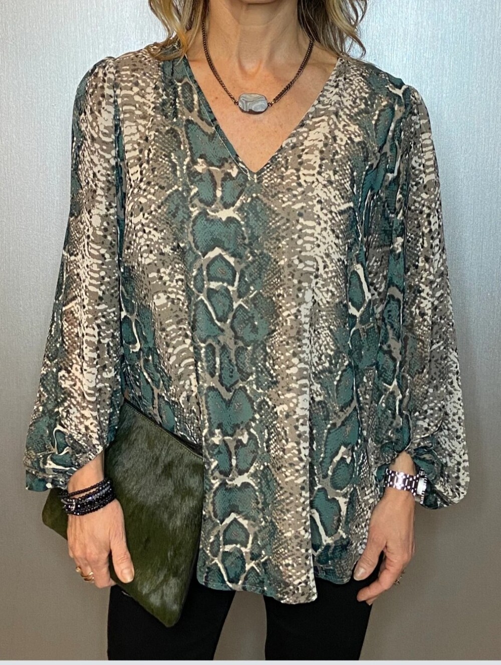 Adrienne Women's V-Neck Animal Print Blouse in Olive and Brown